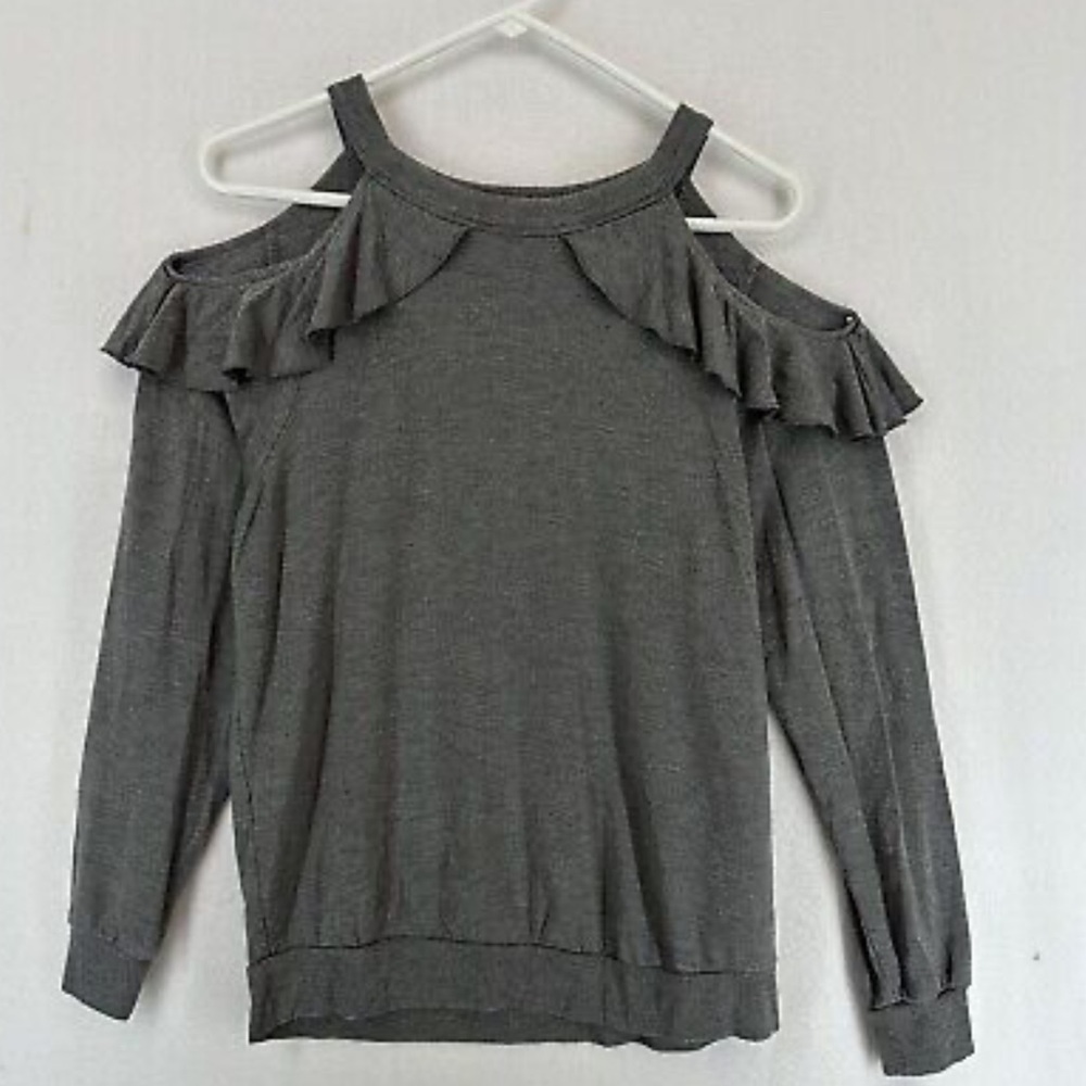 Express Cold Shoulder Ruffle Crewneck Sweater M Gray - Picture 2 of 5